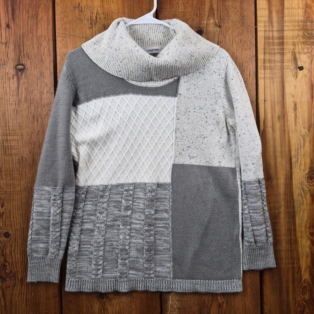 Calvin Klein Cowl Neck Colorblock Cable Knit Sweater Grey White Medium